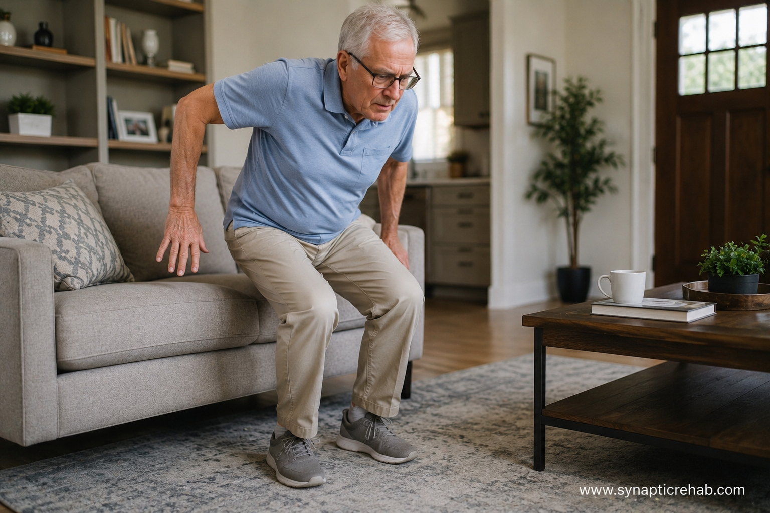 Man steadying himself in living room