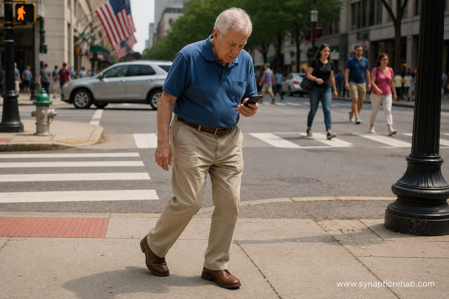 Elderly man crossing city crosswalk