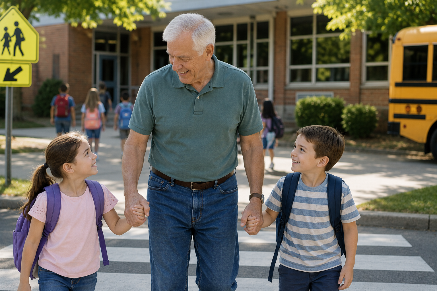 Grandfather and kids walk to school