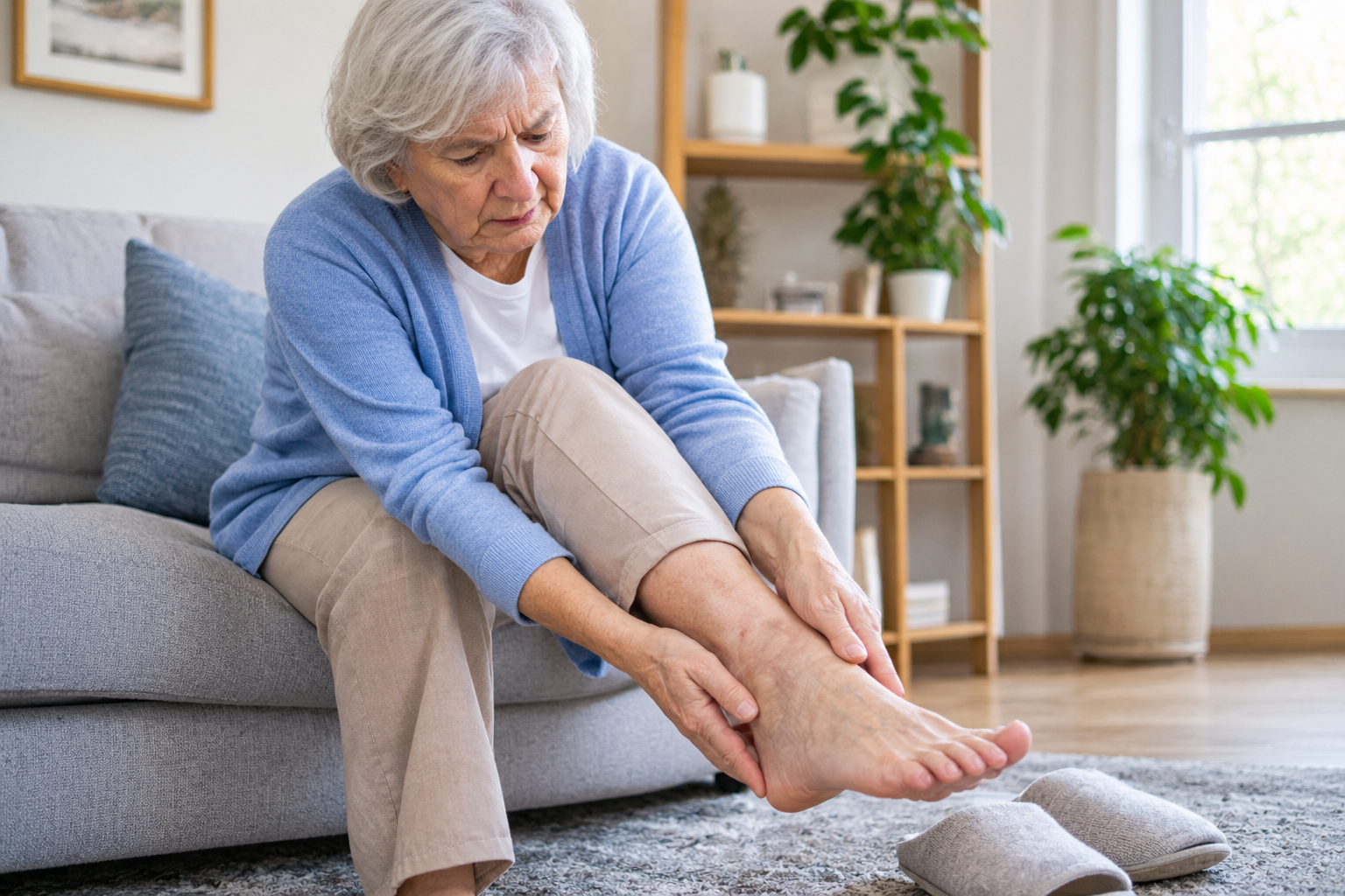 Concerned Senior Woman Soothing Her Foot